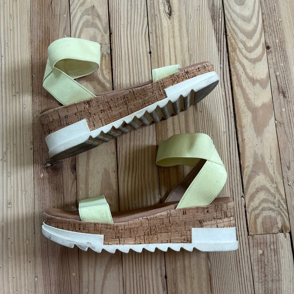 Steve Madden Elba‎ Lime Yellow Elastic Platform Cork Wedge Sandals 7.5M ELBA01S1